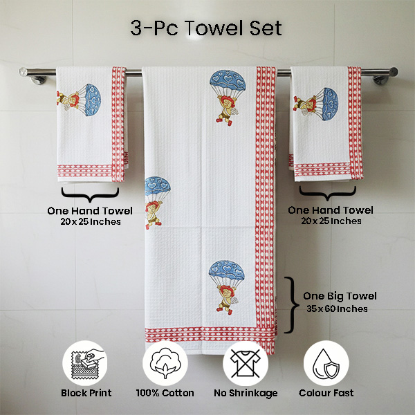 White Cartoon Little Girl floating with parachute Towel Sets