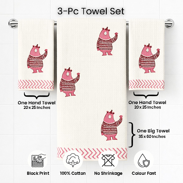 White Pink Bear Motifs Towel Sets