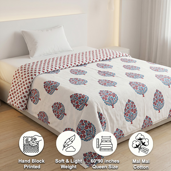 White and Aqua Blue Reversible Floral Screen Print Single Doha