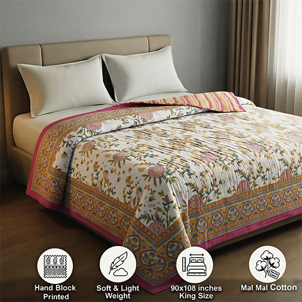 Ivory White and Cream Reversible Double Bed Screen Print Dohar