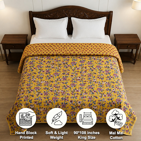 Mustard Yellow Reversible Double Bed Screen Print Dohar