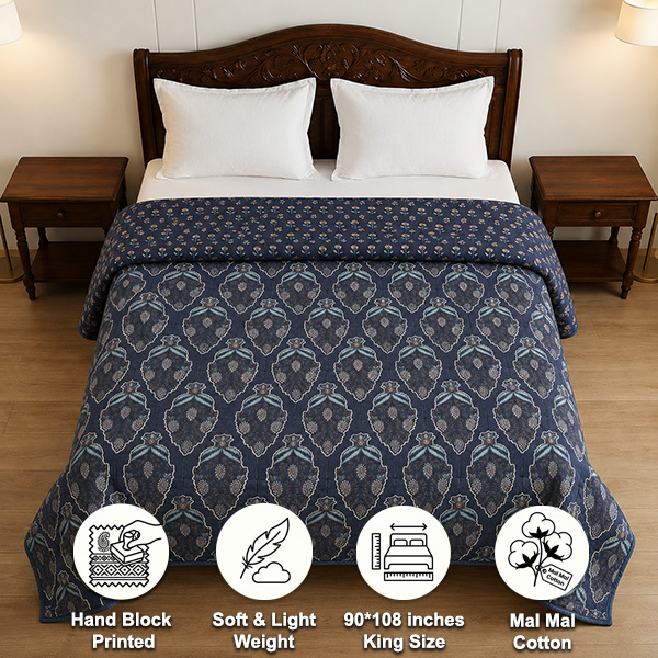 Navy Blue Reversible Double Bed Screen Print Dohar