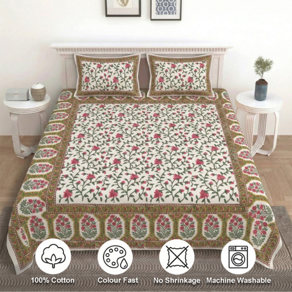 White, Brown And Pink Floral Block Print Parcel Bedsheets