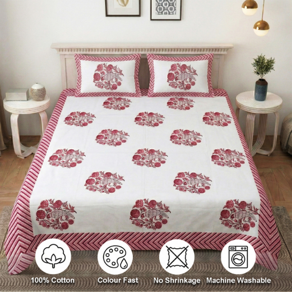 White and Maroon Floral Block Print Parcel Bedsheets