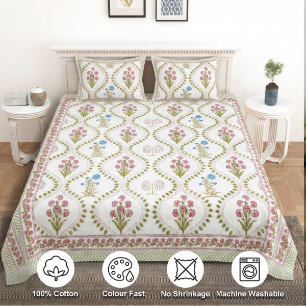 White, Pink, Green And Blue Floral Block Print Parcel Bedsheets