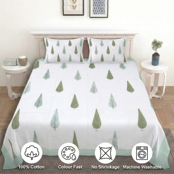 White and Green Big leaves Floral Block Print Parcel Bedsheets
