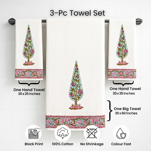 Pink and Green Floral Motifs Towel Sets