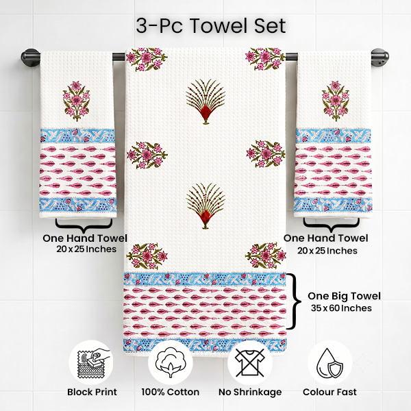 White  and Blue Floral Towel Sets