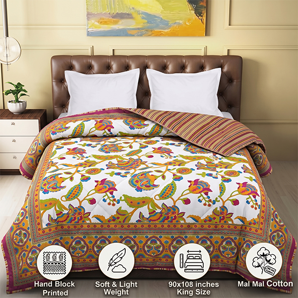 Ivory White and Cream Reversible Double Bed Screen Print Dohar