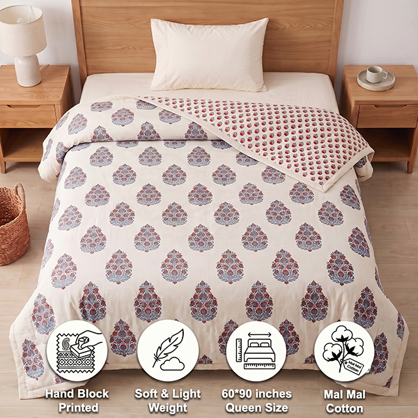 White and Aqua Blue Reversible Floral Screen Print Single Doha