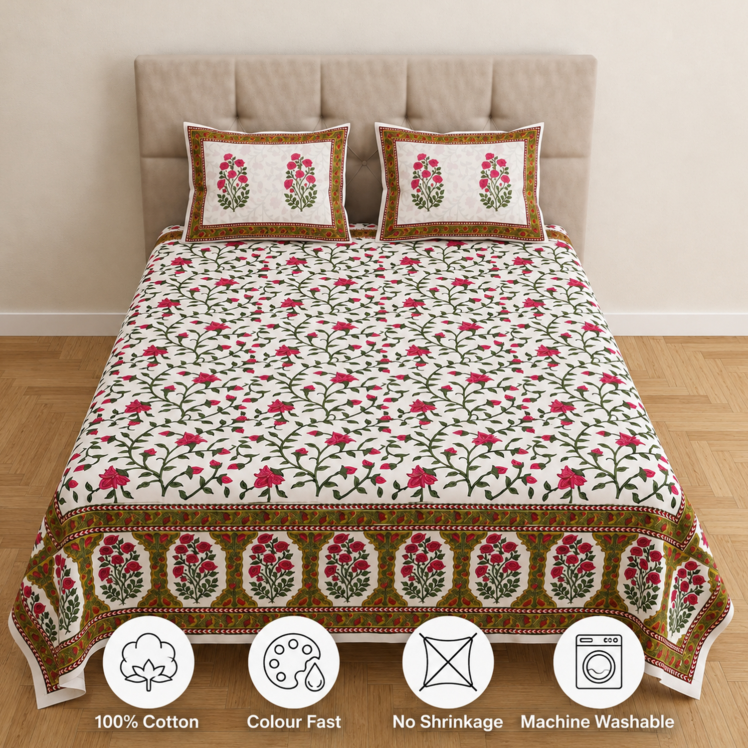 White, Brown And Pink Floral Block Print Parcel Bedsheets