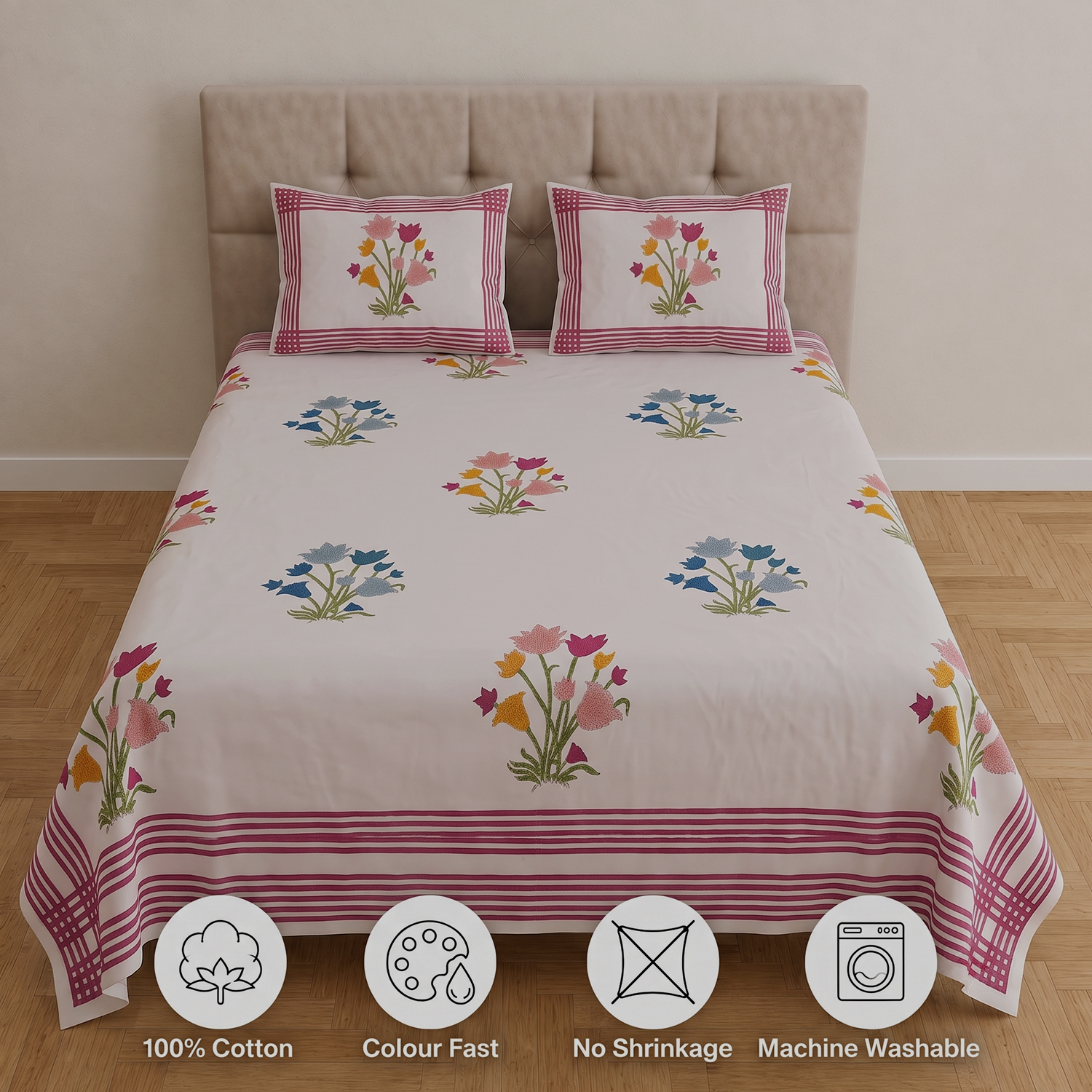 White and Red Floral Block Print Parcel Bedsheets