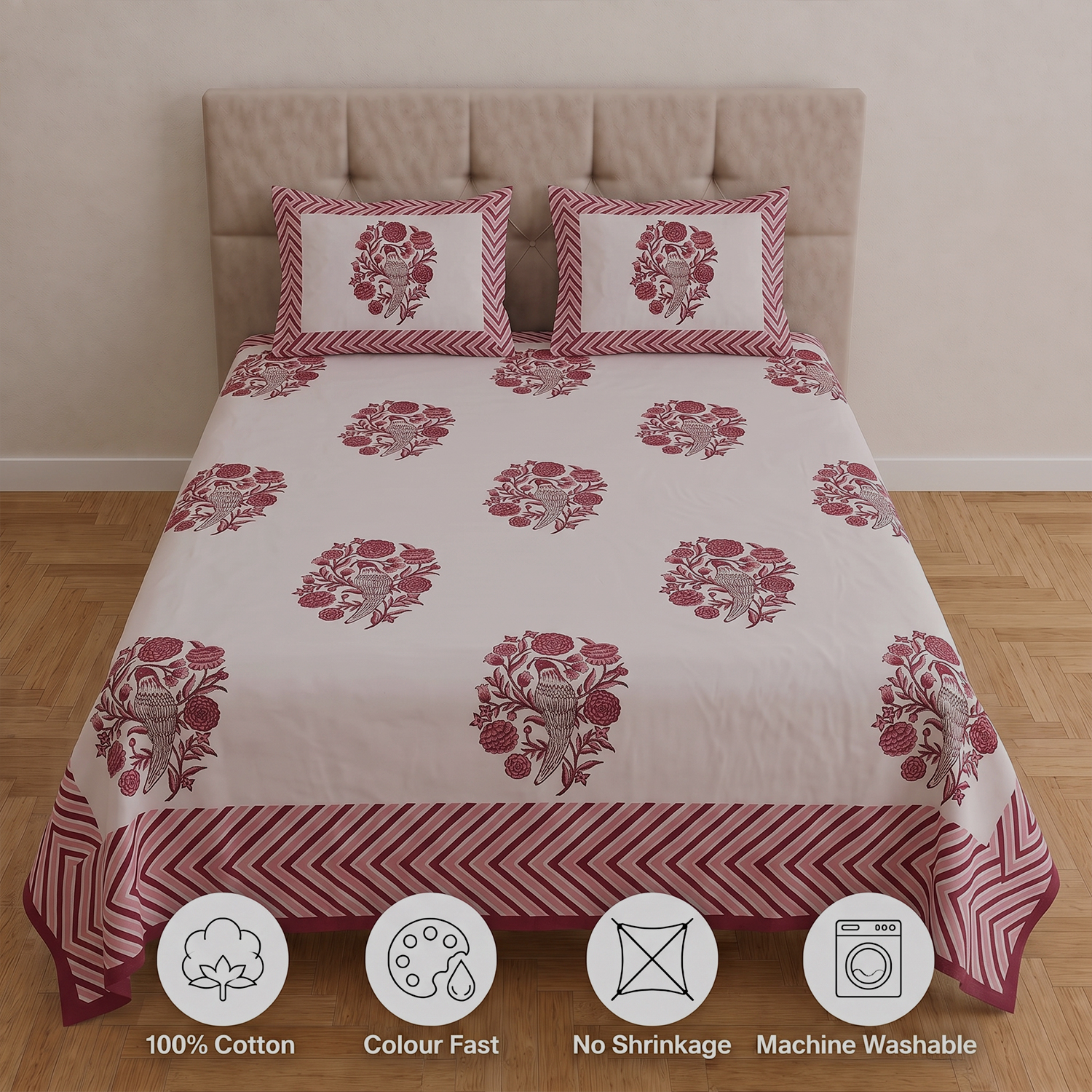White and Maroon Floral Block Print Parcel Bedsheets