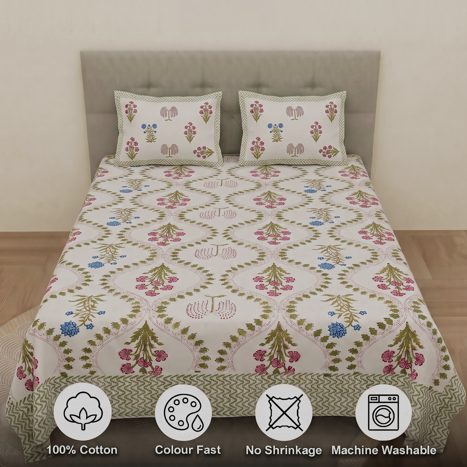 White, Pink, Green And Blue Floral Block Print Parcel Bedsheets
