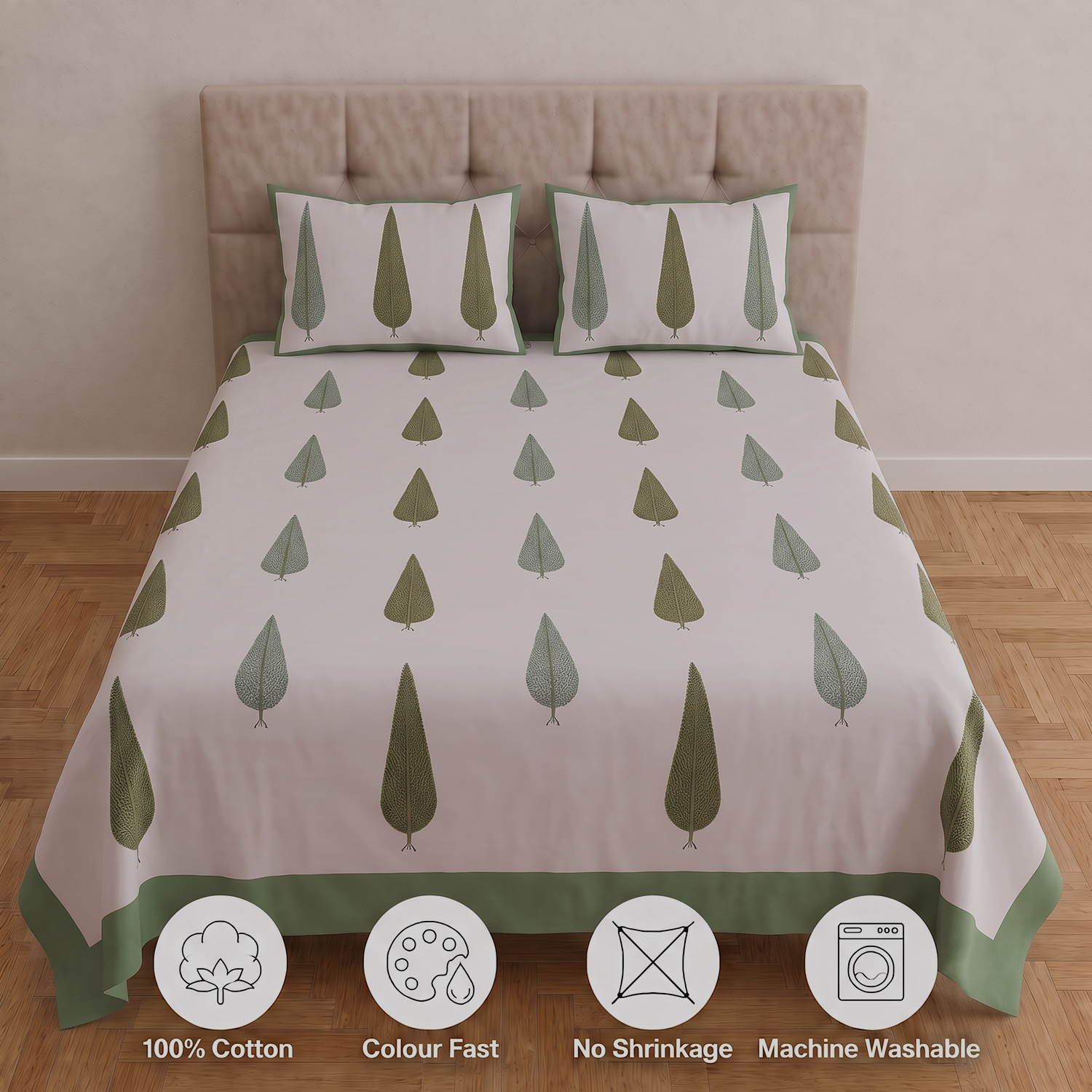 White and Green Big leaves Floral Block Print Parcel Bedsheets