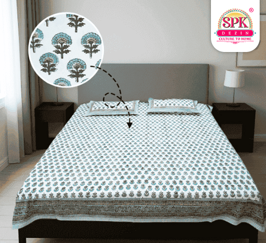 traditional ajrakh print cotton bedsheet White & Sea Green