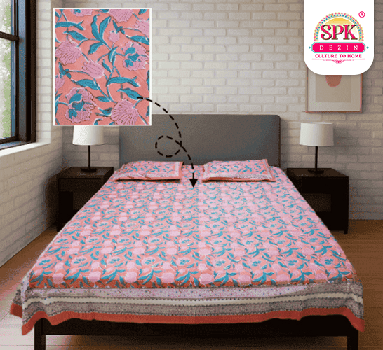 traditional ajrakh print cotton bedsheet Pink & Blue