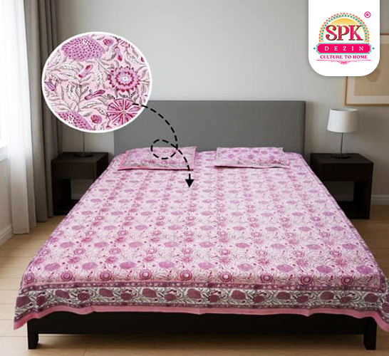 double bed block print sheet pink 