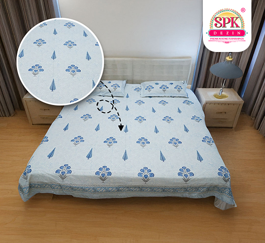 White & Blue, Block Print, 90X108, 100% Cotton