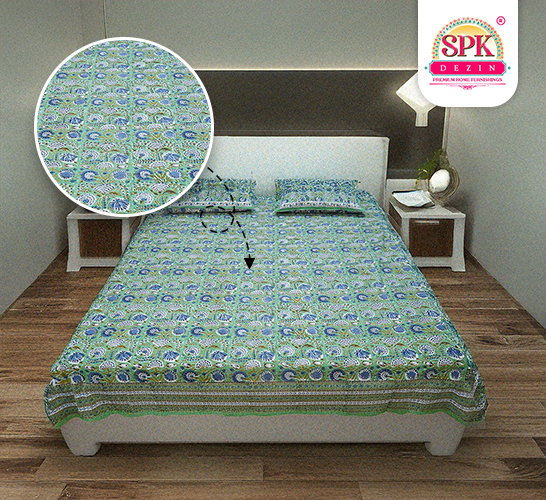 Light Green, Block Print, 90X108, 100% Cotton