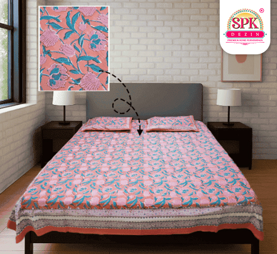 traditional ajrakh print cotton bedsheet Pink & Blue