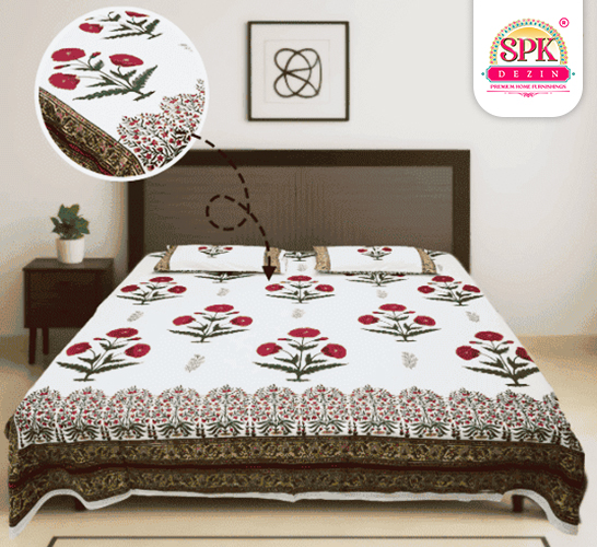 double bed block print sheet red and white