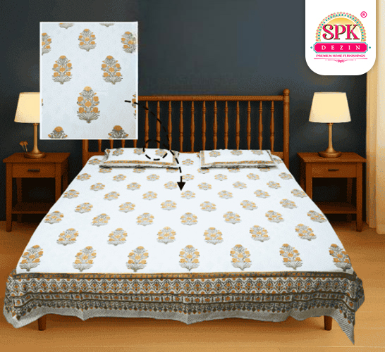  block print bedsheet orange and white