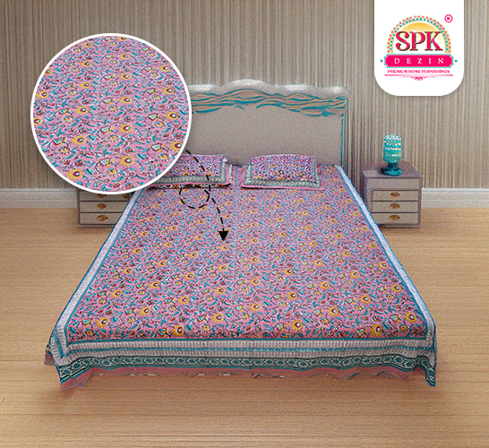 traditional ajrakh print cotton bedsheet Pink