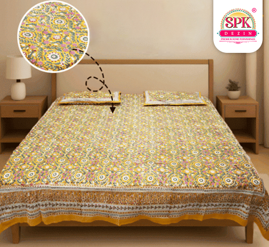 king size hand block print bedsheet Dark Yellow