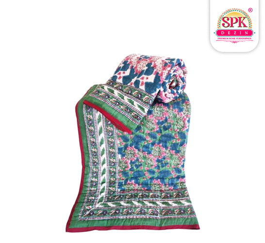 hand block print cotton razai quilt Green and Blue