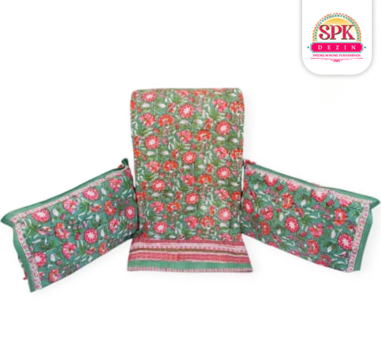 premium hand block print cotton comforter Green and Red