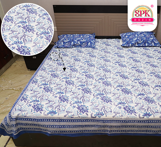 White & Blue Noor Double Bed Block Print Bedsheet Cotton